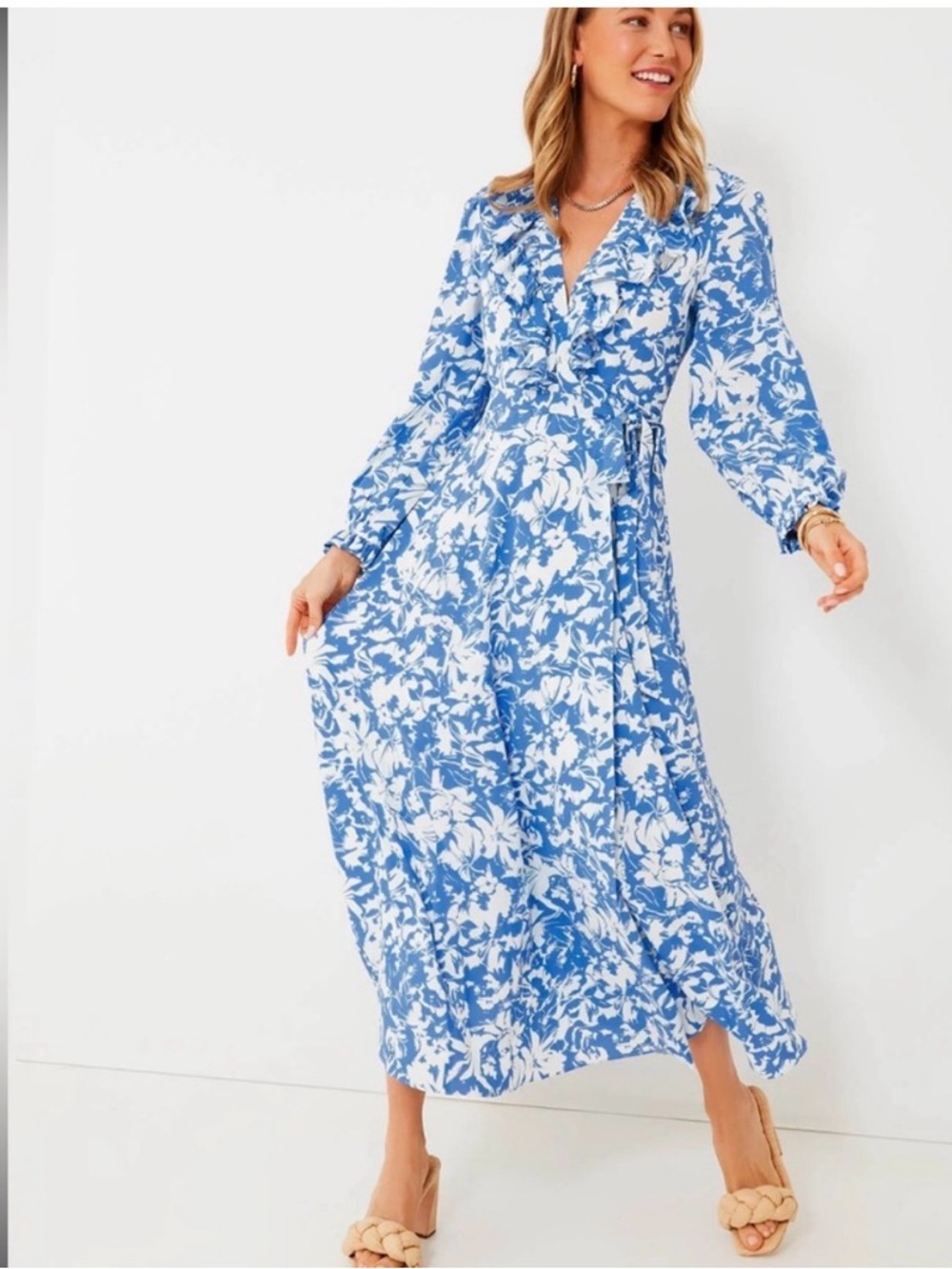 Hyacinth House Winifred  Blue & White Floral Ruffle Wrap Maxi Dress